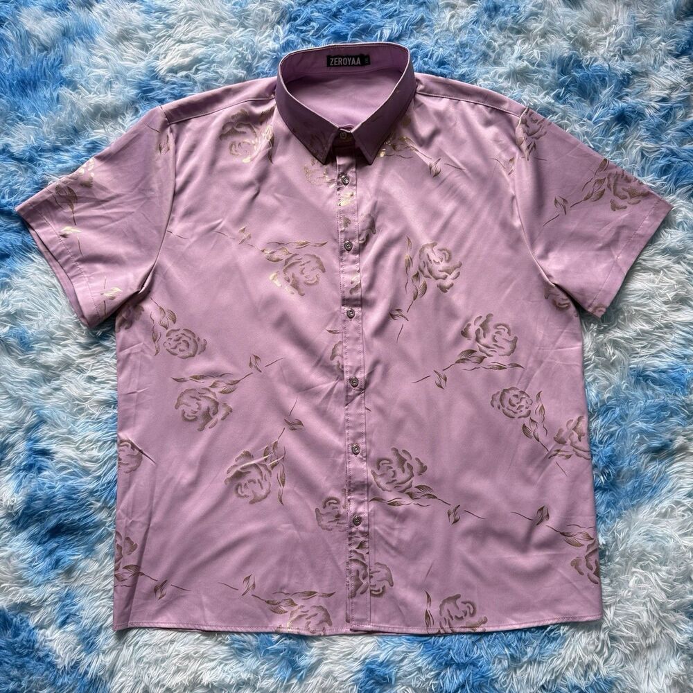 ZeroYaa Lavender Gold Rose Floral Button Up Shirt XXL Short Sleeve